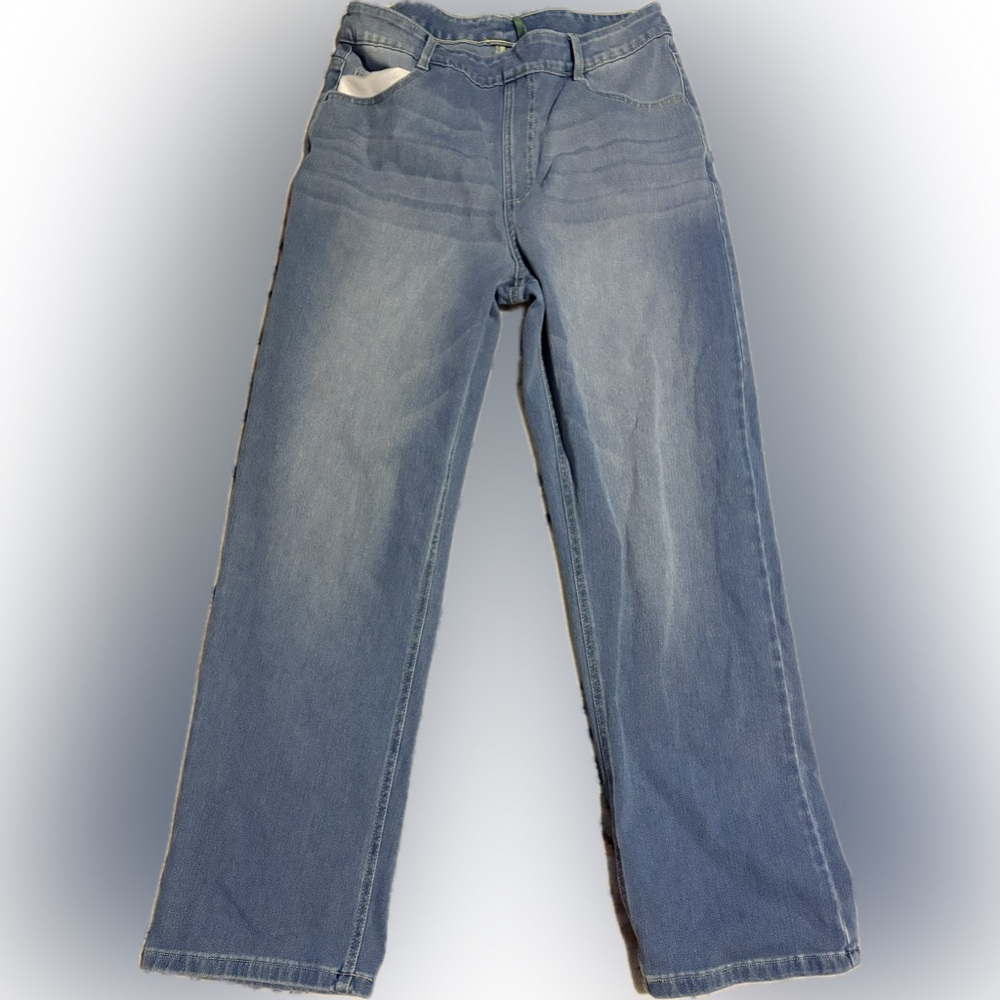 Petite Wide Leg Pull-On Jeans Light Wash High Rise Stretch Denim - Petite Size L